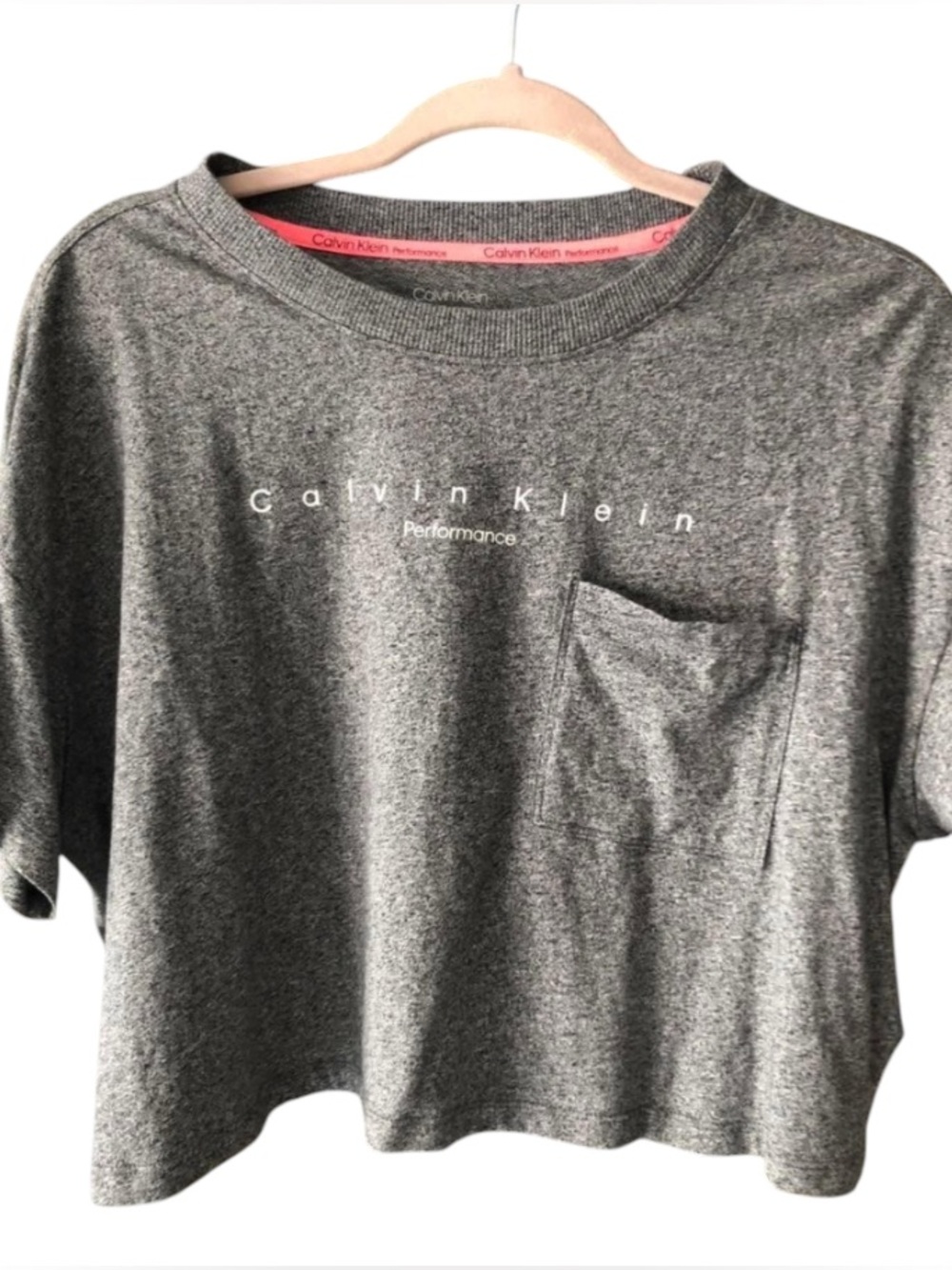 Calvin Klein Performance Dark Heather Grey Boxy Cropped Tee Pocket Shirt Large